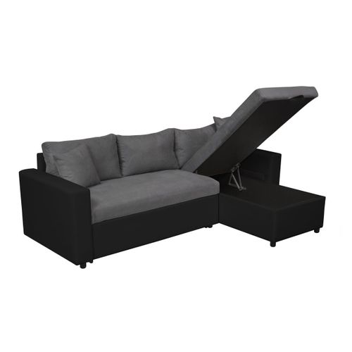 Canapé D'angle Maria Réversible Et Convertible Avec Coffre En Simili Et Microfibre -  Gris / Noir
