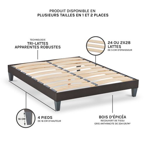 Sommier En Kit Tissu Gris Anthracite - 180 X 200 Cm