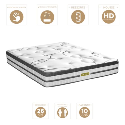 Matelas Concorde 200x200 Cm - Ressorts + Mémoire - ép. 26 Cm