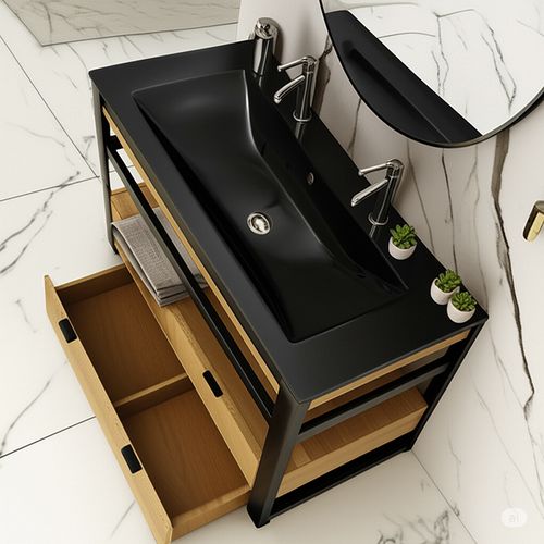 Meuble Salle De Bain Iron 120 Cm En Chêne Naturel Et Métal Noir Avec Plan Vasque Noir Et Tiroir