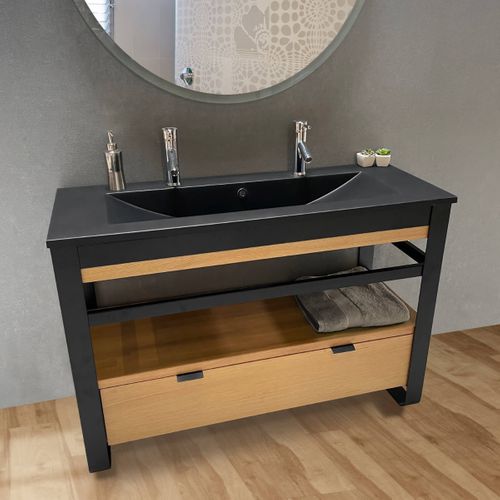Meuble Salle De Bain Iron 120 Cm En Chêne Naturel Et Métal Noir Avec Plan Vasque Noir Et Tiroir