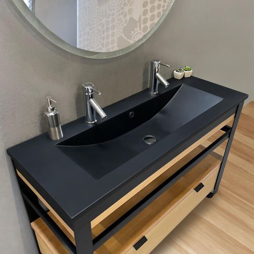 Meuble Salle De Bain Iron 120 Cm En Chêne Naturel Et Métal Noir Avec Plan Vasque Noir Et Tiroir
