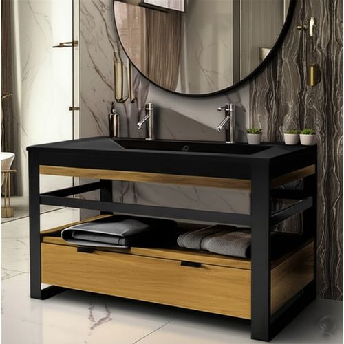 Meuble Salle De Bain Iron 120 Cm En Chêne Naturel Et Métal Noir Avec Plan Vasque Noir Et Tiroir