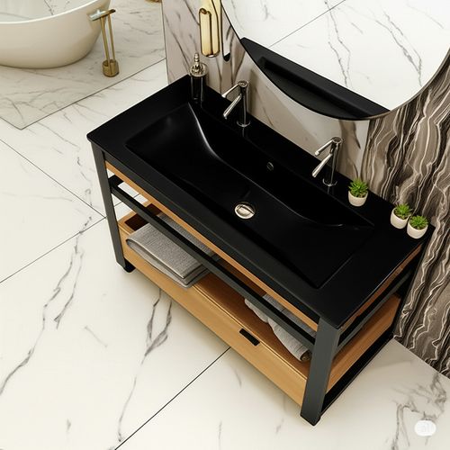 Meuble Salle De Bain Iron 120 Cm En Chêne Naturel Et Métal Noir Avec Plan Vasque Noir Et Tiroir