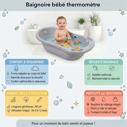 Baignoire Bébé Thermomètre Intégré Gris Owls 86 Cm + Pied