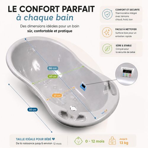 Baignoire Bébé Thermomètre Intégré Gris Owls 86 Cm + Pied