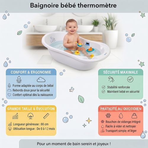 Baignoire Bébé Thermomètre Intégré Lapin Blanc 102 Cm + Pieds + Tuyau D'Évacuation - Confort Et Sécurité