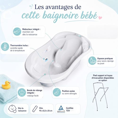 Baignoire Bébé Avec Réducteur Et Thermomètre Intégrés Jaune + Tuyau