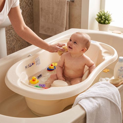 Baignoire Bébé Avec Réducteur Et Thermomètre Intégrés Jaune + Tuyau