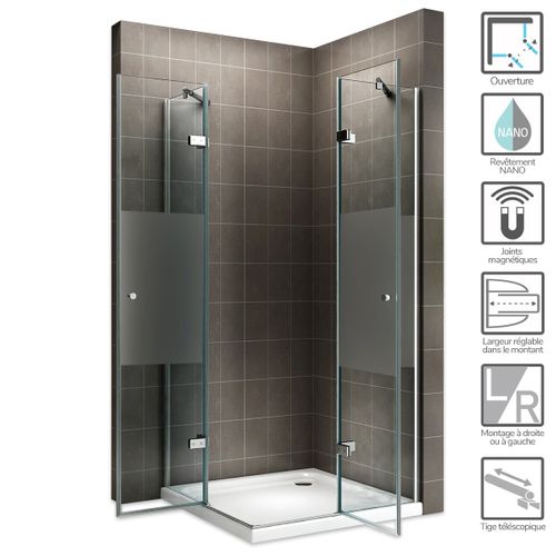 Cabine De Douche Maya H190 90x80cm +receveur Verre Semi-opaque 2 Portes Battantes