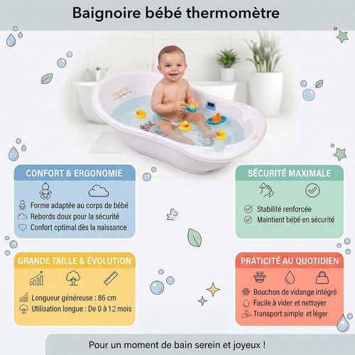 Baignoire Bébé Thermomètre Intégré Blanc Elephant 86 Cm + Tuyau