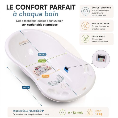 Baignoire Bébé Thermomètre Intégré Blanc Elephant 86 Cm + Tuyau
