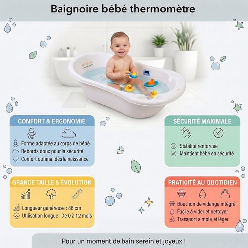 Baignoire Bébé Thermomètre Intégré Blanc Biche 86 Cm + Pied