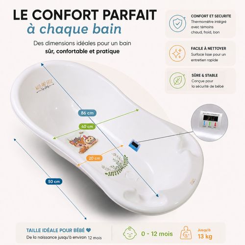Baignoire Bébé Thermomètre Intégré Blanc Biche 86 Cm + Pied
