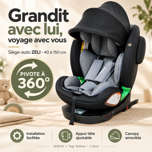 Zeli Siège-auto évolutif I-size 360° Enfants De 40 À 150 Cm 0-36 Kg Isofix Top Tether Noir + Canopy