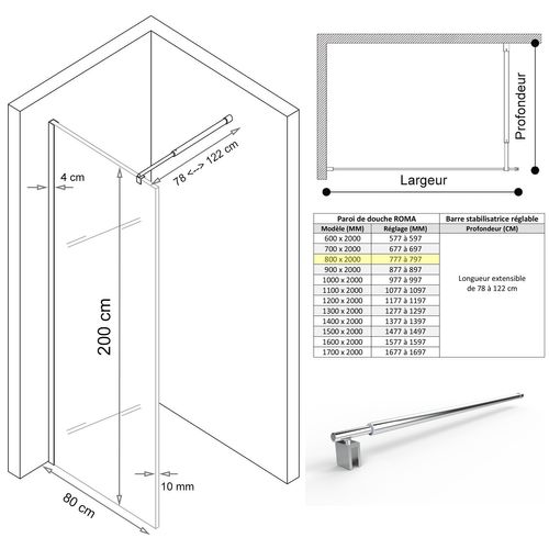Paroi De Douche Italienne 80x200 Cm Verre Opaque 10 Mm Roma