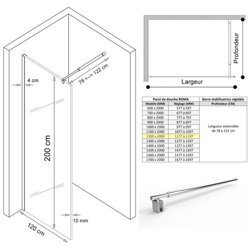Paroi De Douche Italienne 120x200 Cm Verre Transparent 10 Mm Roma