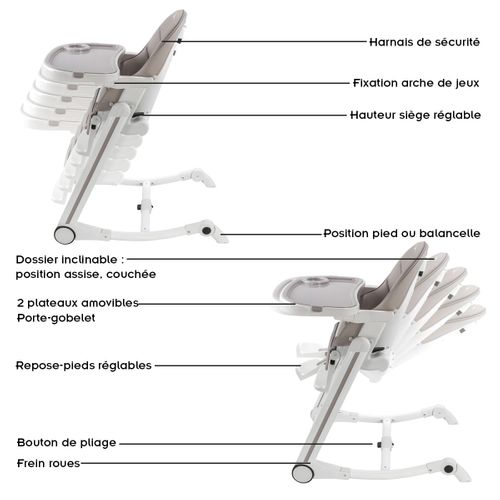 Adelle Chaise Haute Bébé À Bascule, Pliable Et Repose-pieds Gris / Blanc