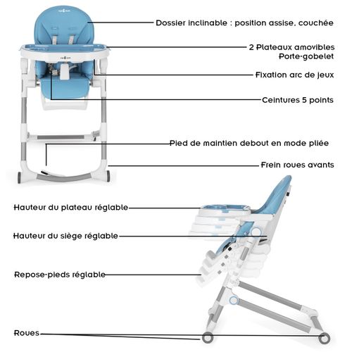 Hugo Chaise Haute Pliable Et Inclinable + Arche De Jeux Bleu