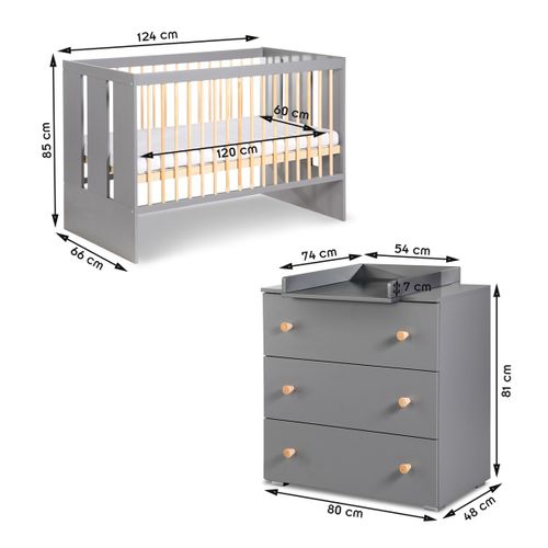 Pauline Ensemble Bébé Lit évolutif, Commode À Langer Gris / Bois 120x60 Cm