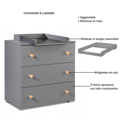 Pauline Ensemble Bébé Lit évolutif, Commode À Langer Gris / Bois 120x60 Cm