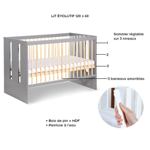 Pauline Ensemble Bébé Lit évolutif, Commode À Langer Gris / Bois 120x60 Cm
