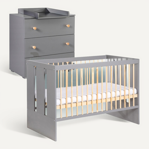 Pauline Ensemble Bébé Lit évolutif, Commode À Langer Gris / Bois 120x60 Cm