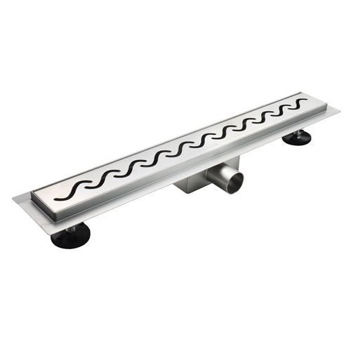 Caniveau De Douche Motif Vague L.60 Cm Acier, Siphon Anti-odeurs, Débit Performant -vago