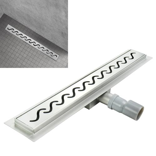 Caniveau De Douche Motif Vague L.110 Cm Acier, Siphon Anti-odeurs, Débit Performant -vago