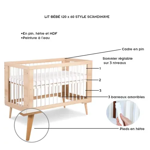 Sofie Ensemble Commode À Langer Et Lit Bébé Style Scandinave 120x60 Hêtre