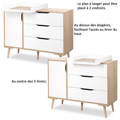 Sofie Commode À Langer Scandinave 3 Tiroirs, Porte Et étagères Blanc / Bois