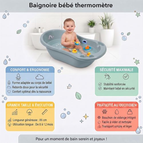 Baignoire Bébé Thermomètre Intégré Vert Viride Météo 86 Cm