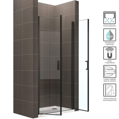 Porte De Douche Noir H180 Largeur 85-88 Cm Verre Transparent 6 Mm, Portes Battantes Kimiblack