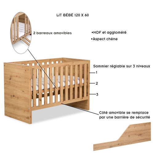 Amelia Lit Bébé Évolutif Avec Barrière De Sécurité 120x60 Chêne