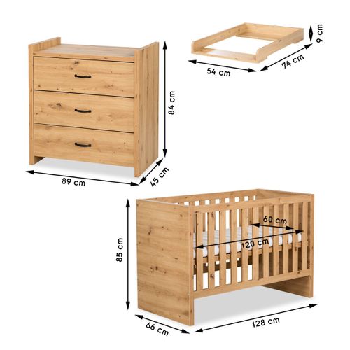 Amelia Ensemble Bébé Commode À Langer Et Lit évolutif 120x60 Chêne