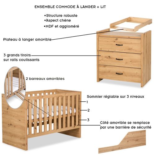 Amelia Ensemble Bébé Commode À Langer Et Lit évolutif 120x60 Chêne