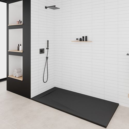 Receveur De Douche Polar 90x180 Cm Noir Effet Pierre Extra-plat Antidérapant + Bonde