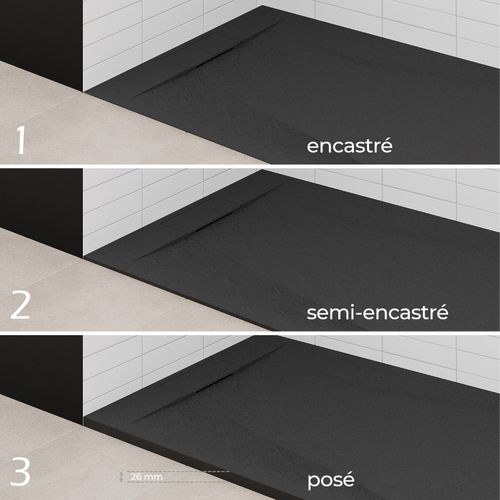 Receveur De Douche Polar 80x180 Cm Noir Effet Pierre Extra-plat Antidérapant + Bonde