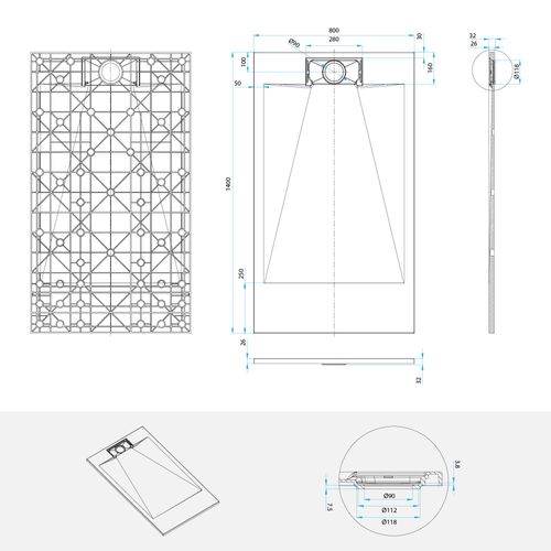 Receveur De Douche Polar 80x140 Cm Noir Effet Pierre Extra-plat Antidérapant + Bonde