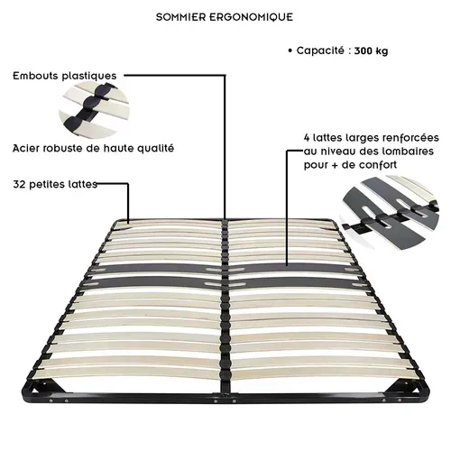 Cama Sommier Ergonomique À Lattes, Zone Lombaire Renforcée 180x200 Cm