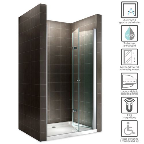 Porte De Douche H195 Largeur 80-84 Cm Verre Transparent Porte Pliante Mona