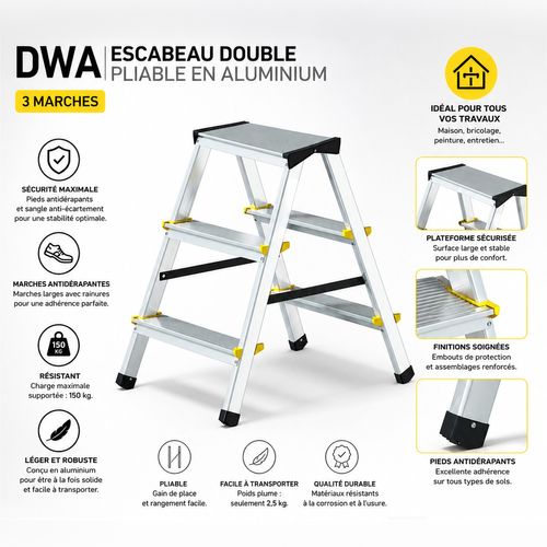 échelle Double Pliable Bricolage Escabeau Double Pliable En Aluminium DWA - 3 à 8 Marches, Antidérapant, 150kg Charge Max
