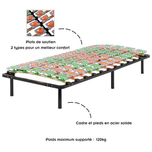 Kept Sommier Ergonomique À Lattes Et Plots De Soutien 80x200 Cm Avec Pieds