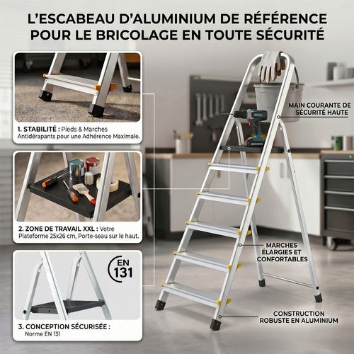 Escabeau en aluminium, charge jusqu'à 250 kg, antidérapant R13, avec 2 x 5 marches
