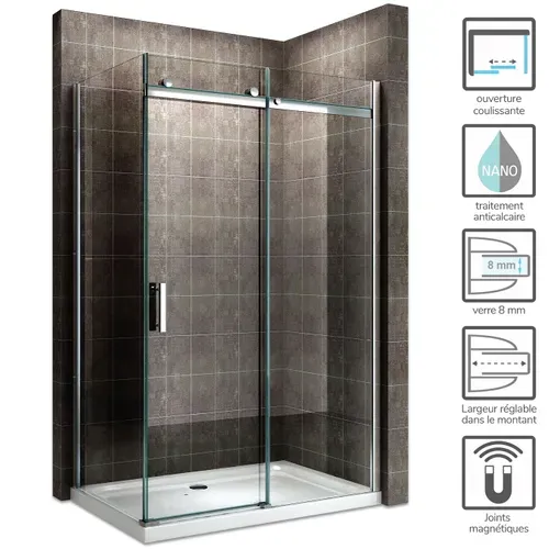 Paroi De Douche D'angle 85x160cm (porte 160) Alixa Porte Coulissante H200 Cm Verre Transparent 8 Mm