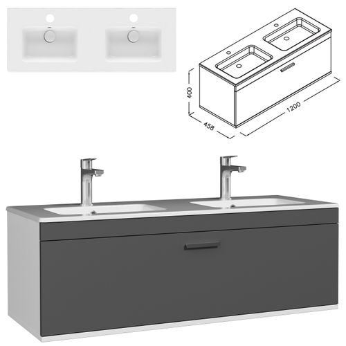 Meuble Double Vasque Encastrée 120 Cm 1 Tiroir Gris Anthracite Salle De Bain - Rubite