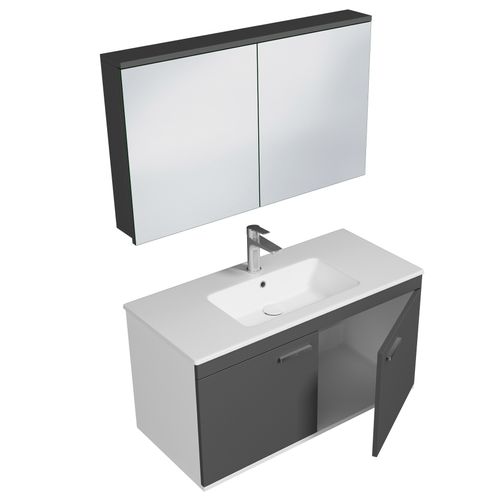 Meuble 1 Vasque Encastrée 100 Cm + Miroir Armoire 2 Portes Gris Anthracite Salle De Bain - Rubite