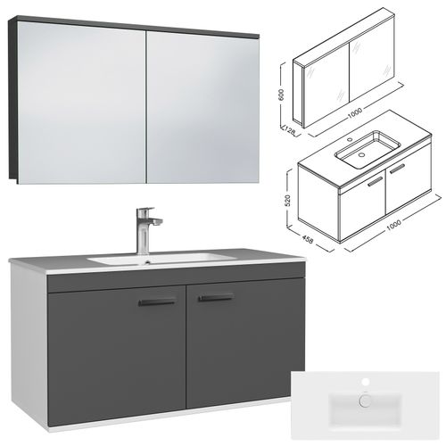 Meuble 1 Vasque Encastrée 100 Cm + Miroir Armoire 2 Portes Gris Anthracite Salle De Bain - Rubite
