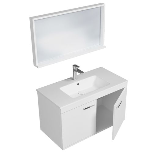 Meuble 1 Vasque Encastrée 90 Cm + Miroir Cadre 2 Portes Blanc Salle De Bain - Rubite