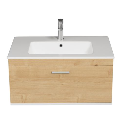 Meuble 1 Vasque Encastrée 80 Cm 1 Tiroir Chêne Clair Salle De Bain - Rubite